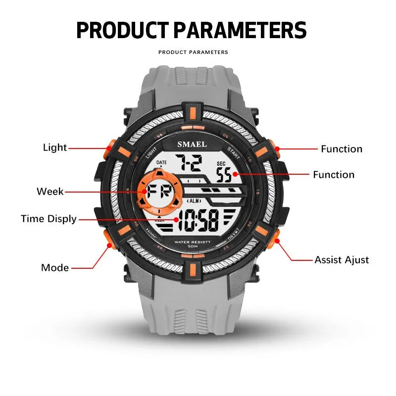 SMAEL Men Sport Digital Wristwatch Day Date Waterproof Army Wrist Watch For Male Clock Fashion Casual Electronic LED Watches