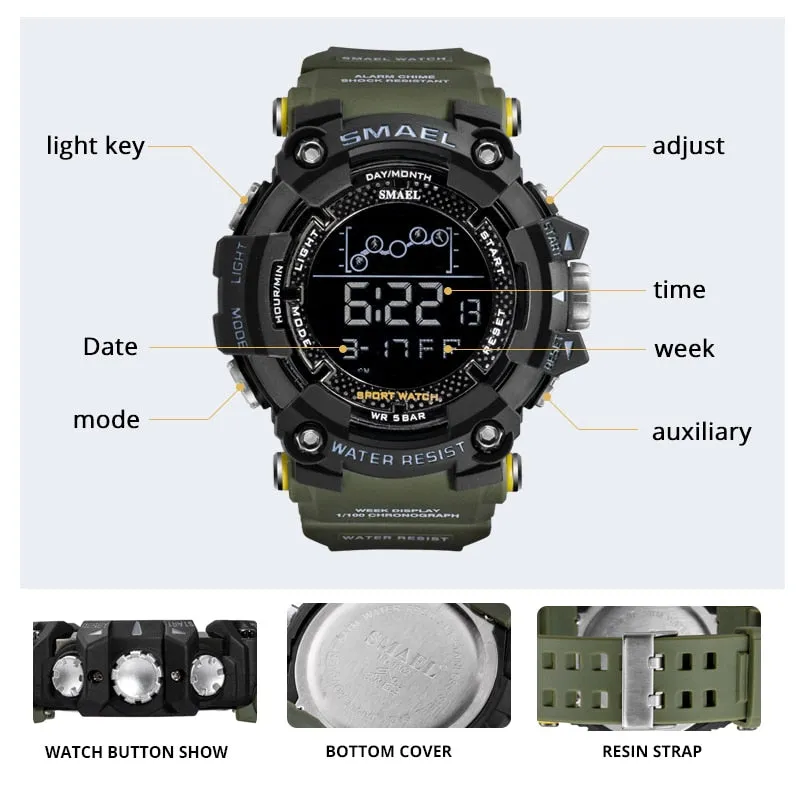 SMAEL Mens Watch Military Waterproof Sport WristWatch Digital Stopwatches For Men 1802 Military Electronic Watches Male Clock