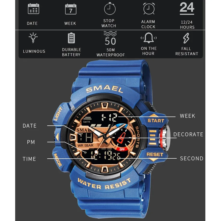 SMAEL Military Watches Men Sport Watch Waterproof Wristwatch Stopwatch Alarm LED Light Digital Watches Men Big Dial Clock 8043