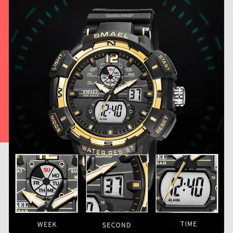 SMAEL Top Luxury Brand Men&#39;s Watch Outdoor Sports Waterproof Watches Dual Time Display Quartz Wristwatches Rubber Digital Clock
