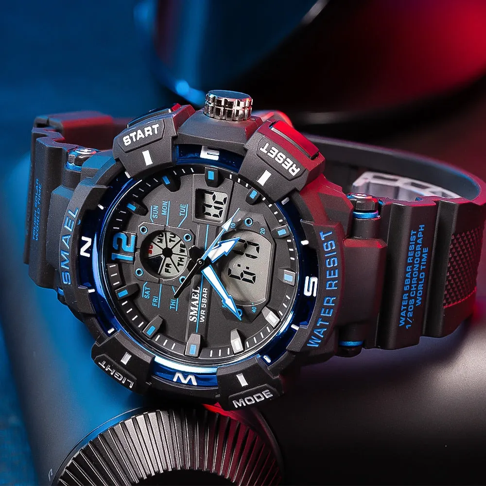 SMAEL Top Luxury Brand Men&#39;s Watch Outdoor Sports Waterproof Watches Dual Time Display Quartz Wristwatches Rubber Digital Clock
