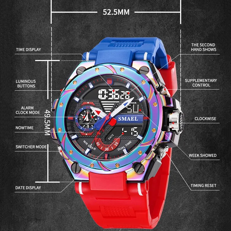 SMAEL Watches Men Chronograph Sports Hyun-chae Cool Wristwatch Shock Watch Men Multi-function Dual Displa Clock