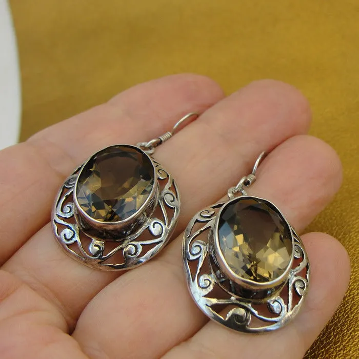 Smokey Topaz Filigree Earrings 925 Sterling Silver Hadar Designers () SALE