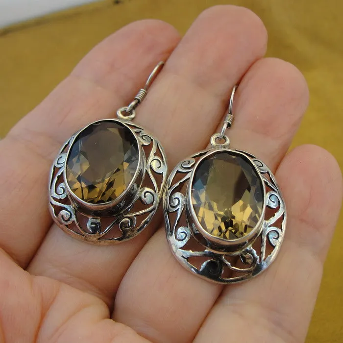 Smokey Topaz Filigree Earrings 925 Sterling Silver Hadar Designers () SALE