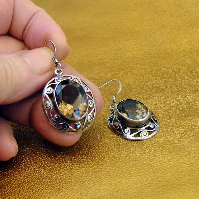 Smokey Topaz Filigree Earrings 925 Sterling Silver Hadar Designers () SALE