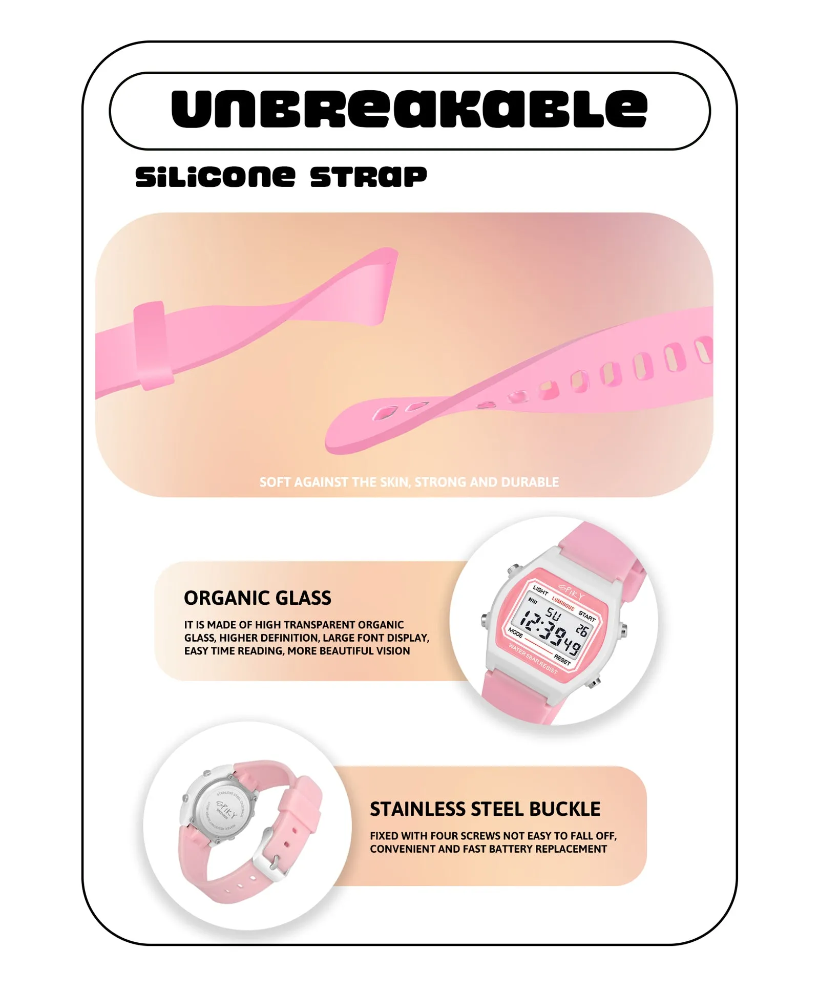 Spiky Eva25 Unique Printed Square Multi Functional Sports Digital Watch - Pink