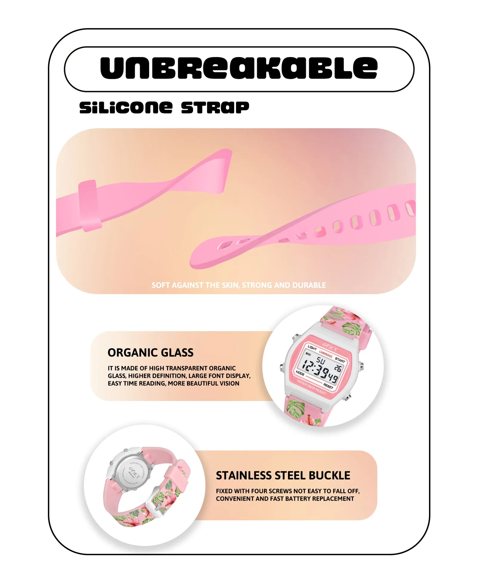 Spiky Eva25 Unique Printed Square Multi Functional Sports Digital Watch - Pink