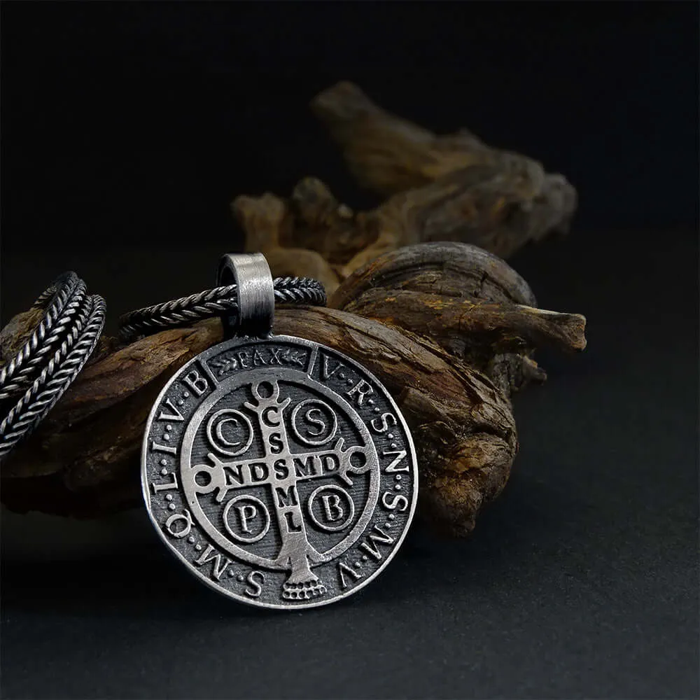 St. Benedict Crucifix Catholic Necklace for Men Solid Silver Jewelry