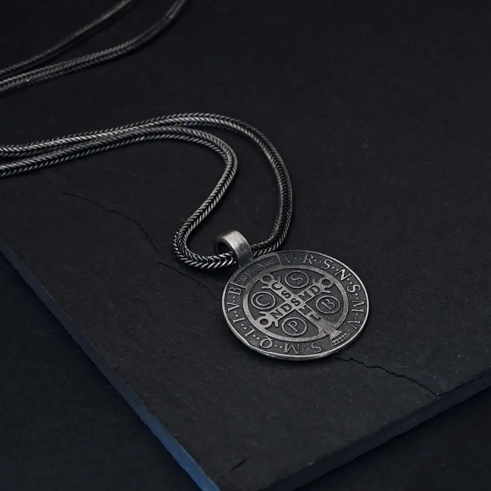 St. Benedict Crucifix Catholic Necklace for Men Solid Silver Jewelry