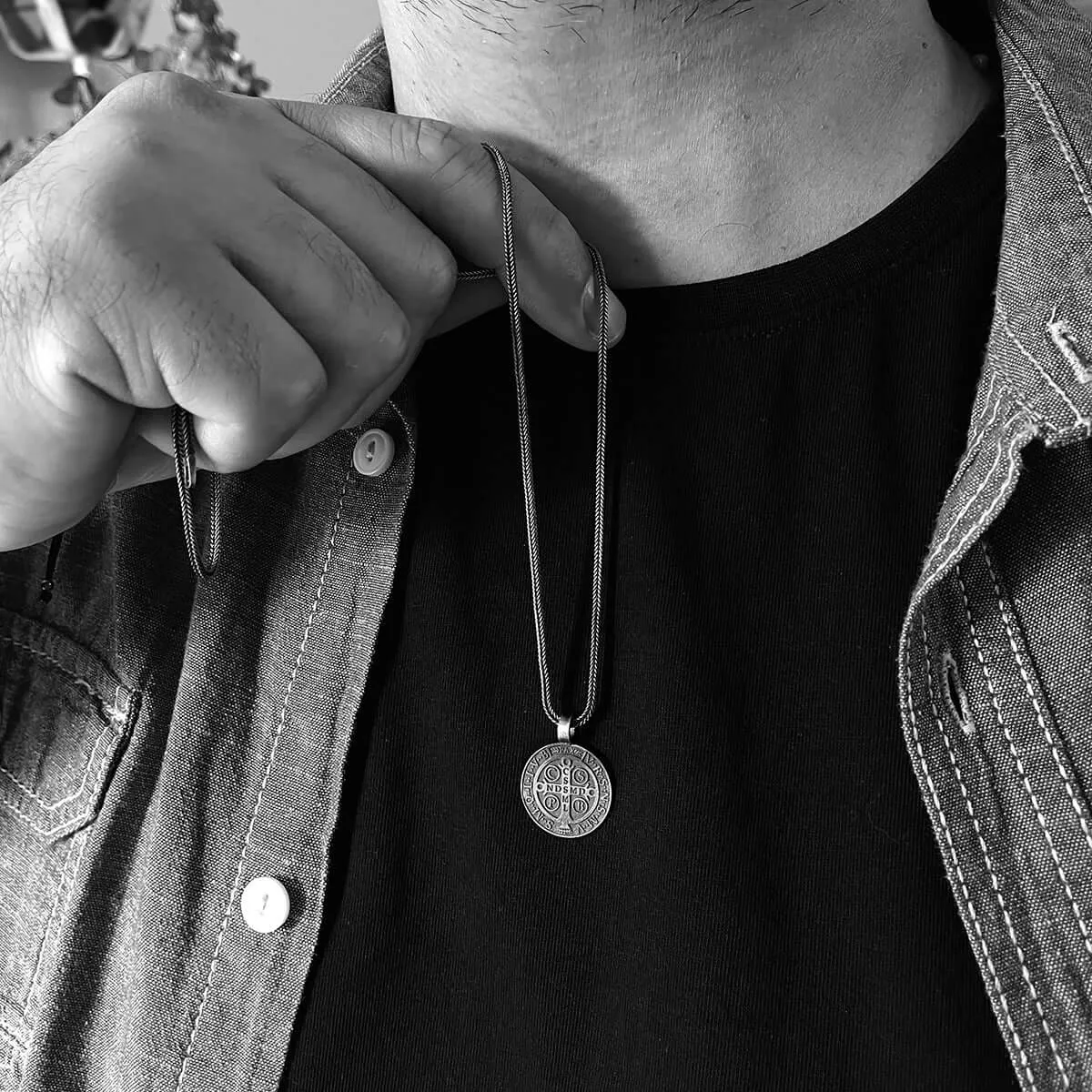 St. Benedict Crucifix Catholic Necklace for Men Solid Silver Jewelry