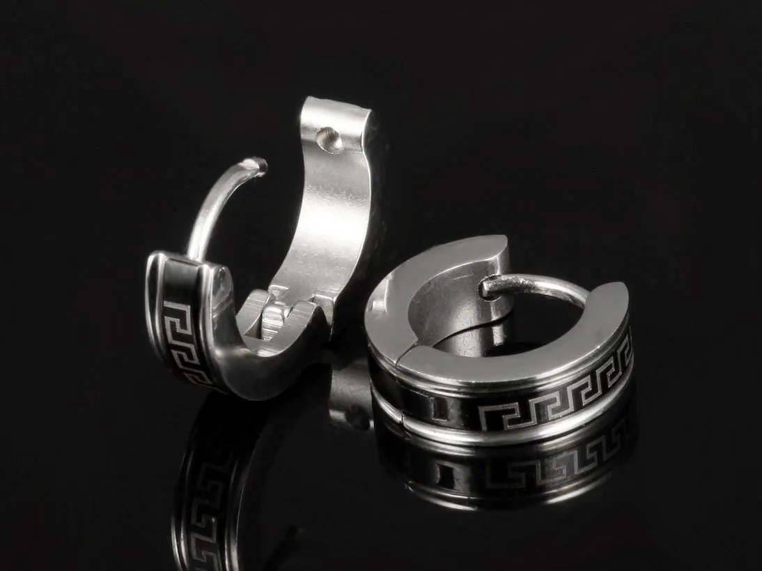 Stainless Steel Black Maze Hoop Earrings