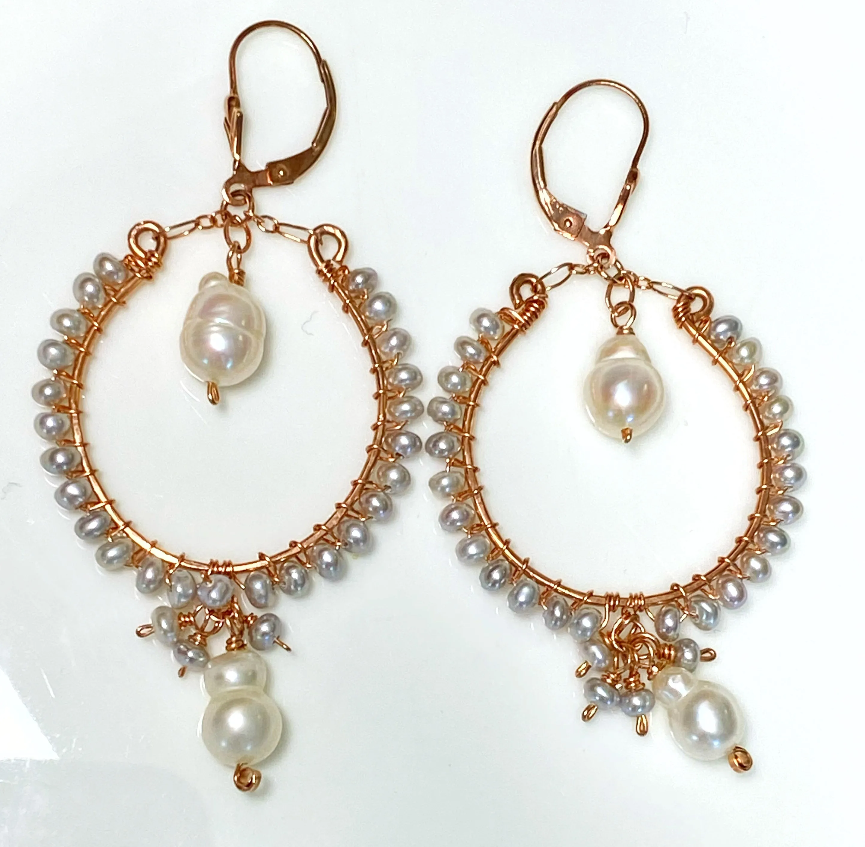 Statement Rose Gold Hoop Earrings with Baroque Pearl Drops