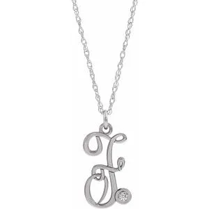 Sterling Silver .02 CT Diamond Script Initial F 16-18" Necklace