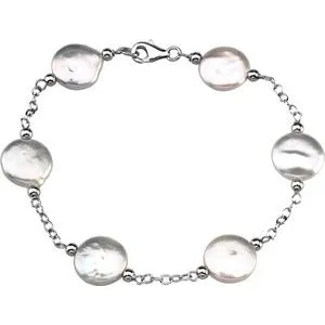 Sterling Silver 12-13 mm Freshwater Cultured White Coin Pearl Station 7.5" Bracelet