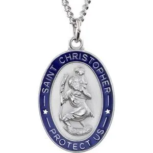 Sterling Silver 26x20 mm Blue Enamel St. Christopher Medal 24" Necklace
