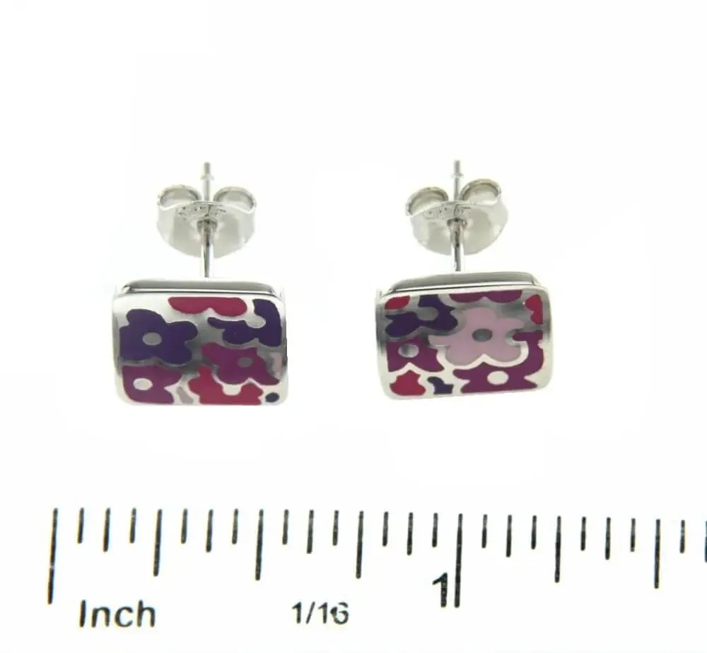 Sterling Silver Enamel Flowers Lavender Post Earrings