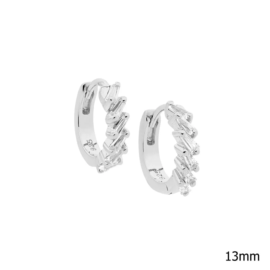 Sterling Silver Hoop Earrings with Claw Set Tapered Baguette Cubic Zirconias 13mm E552S