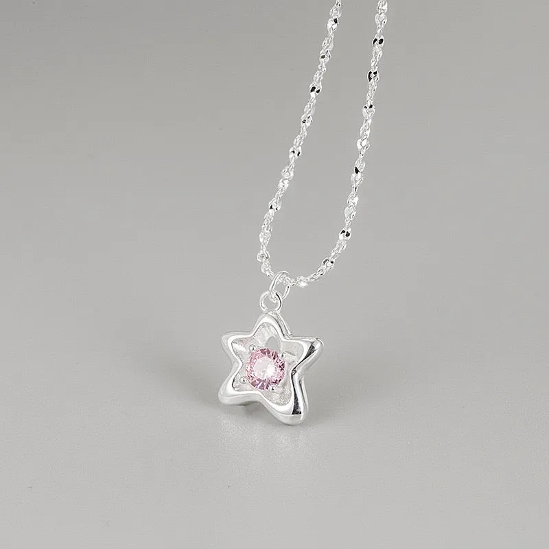 Sterling Silver Necklace - Pink Star