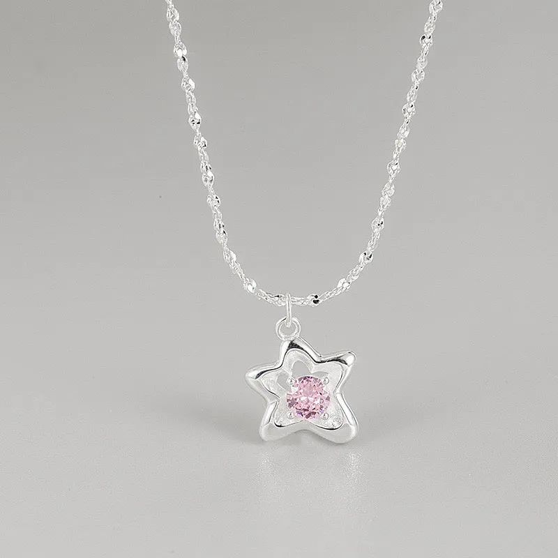 Sterling Silver Necklace - Pink Star