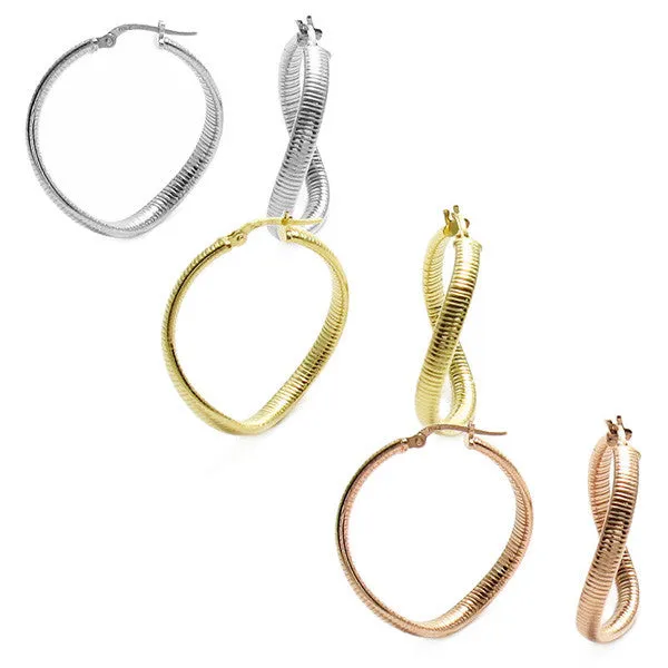 Sterling Silver Omega Twisting Hoop Earrings. Available in 3 Colors.