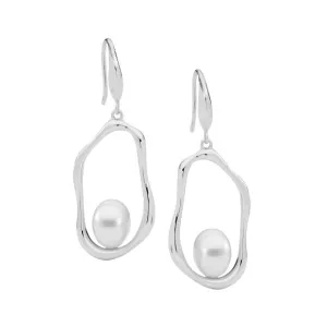 Sterling Silver Open Wave Oval Earrings with Freshwater Pearl on Sheppards Hook E601S