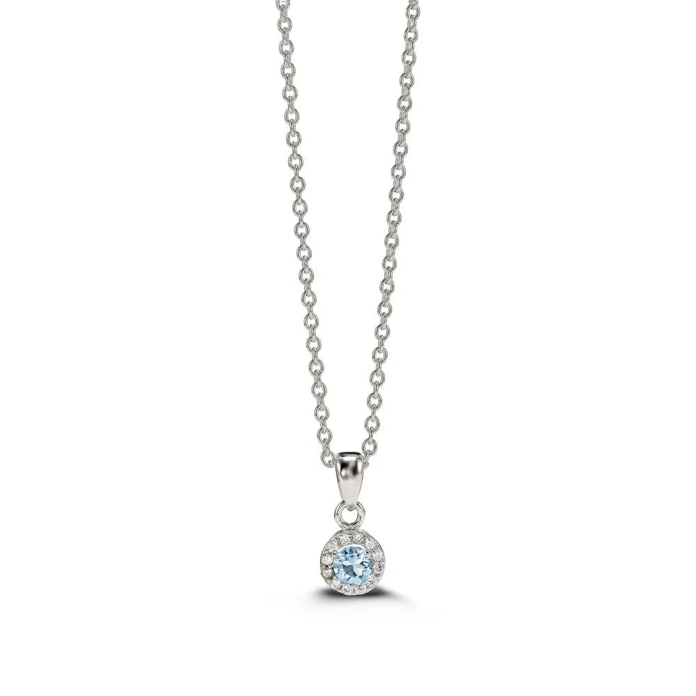 Sterling Silver Rhodium Plated Halo CZ March Birthstone Necklace