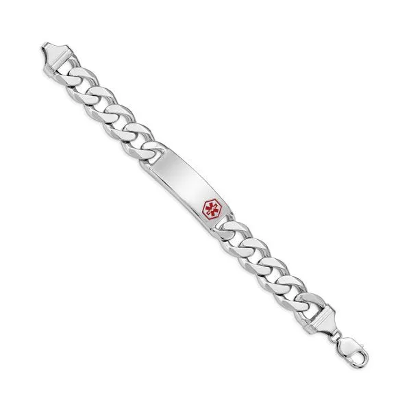Sterling Silver Rhodium Plated Mens Medical ID Curb Link Bracelet