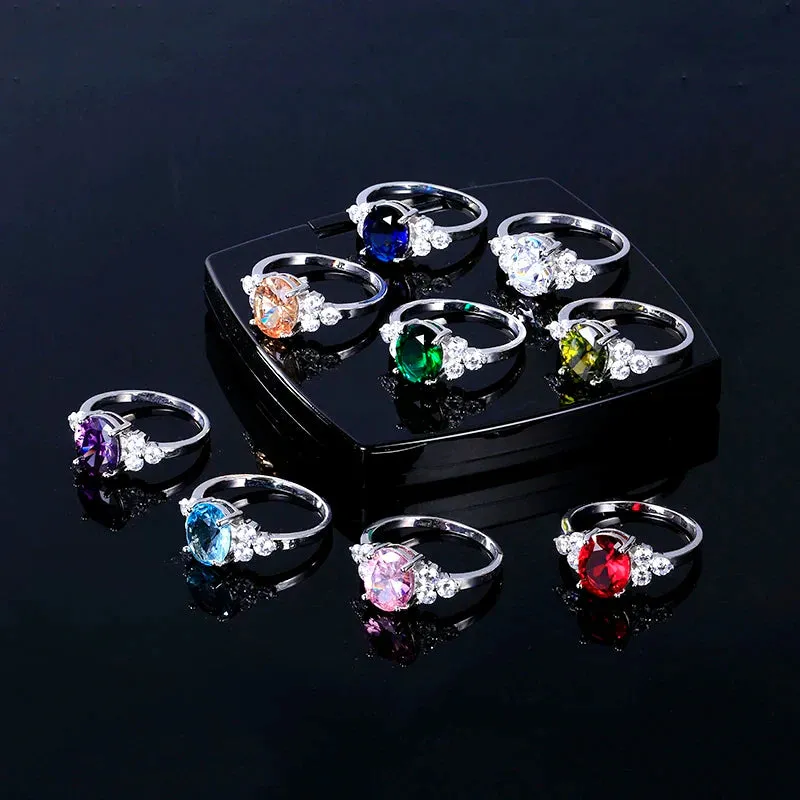 Sterling Silver Rings White Pink Light Blue Champagne Zircon Oval Wedding Ring
