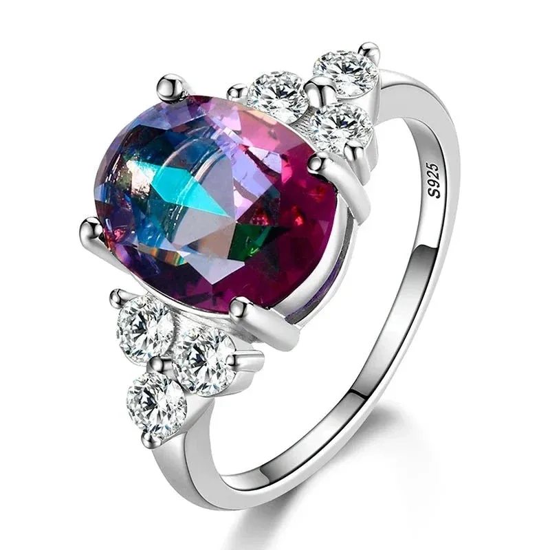 Sterling Silver Rings White Pink Light Blue Champagne Zircon Oval Wedding Ring
