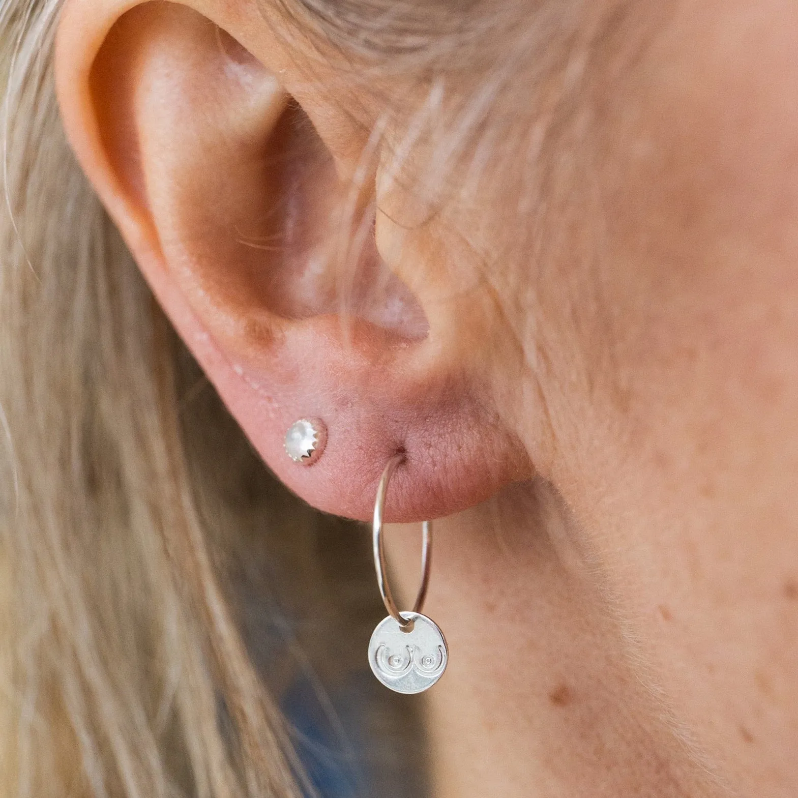 Sterling Silver Stamped Boobs Charm Hoops