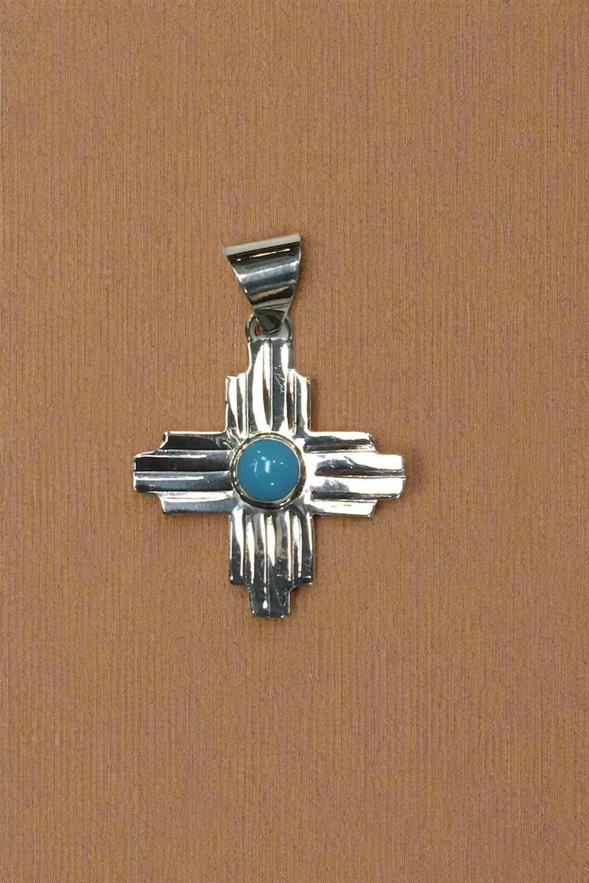 Sterling Silver Zia Pendant with Turquoise Accent, Medium Size