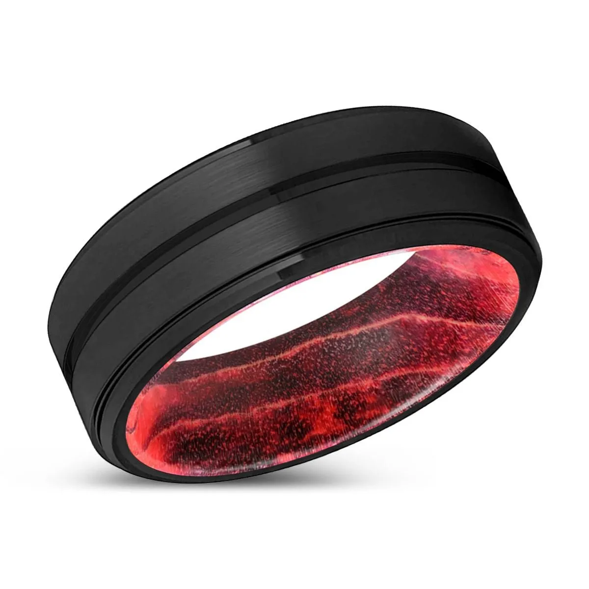 STUART | Black & Red Wood, Black Tungsten Ring, Grooved, Stepped Edge