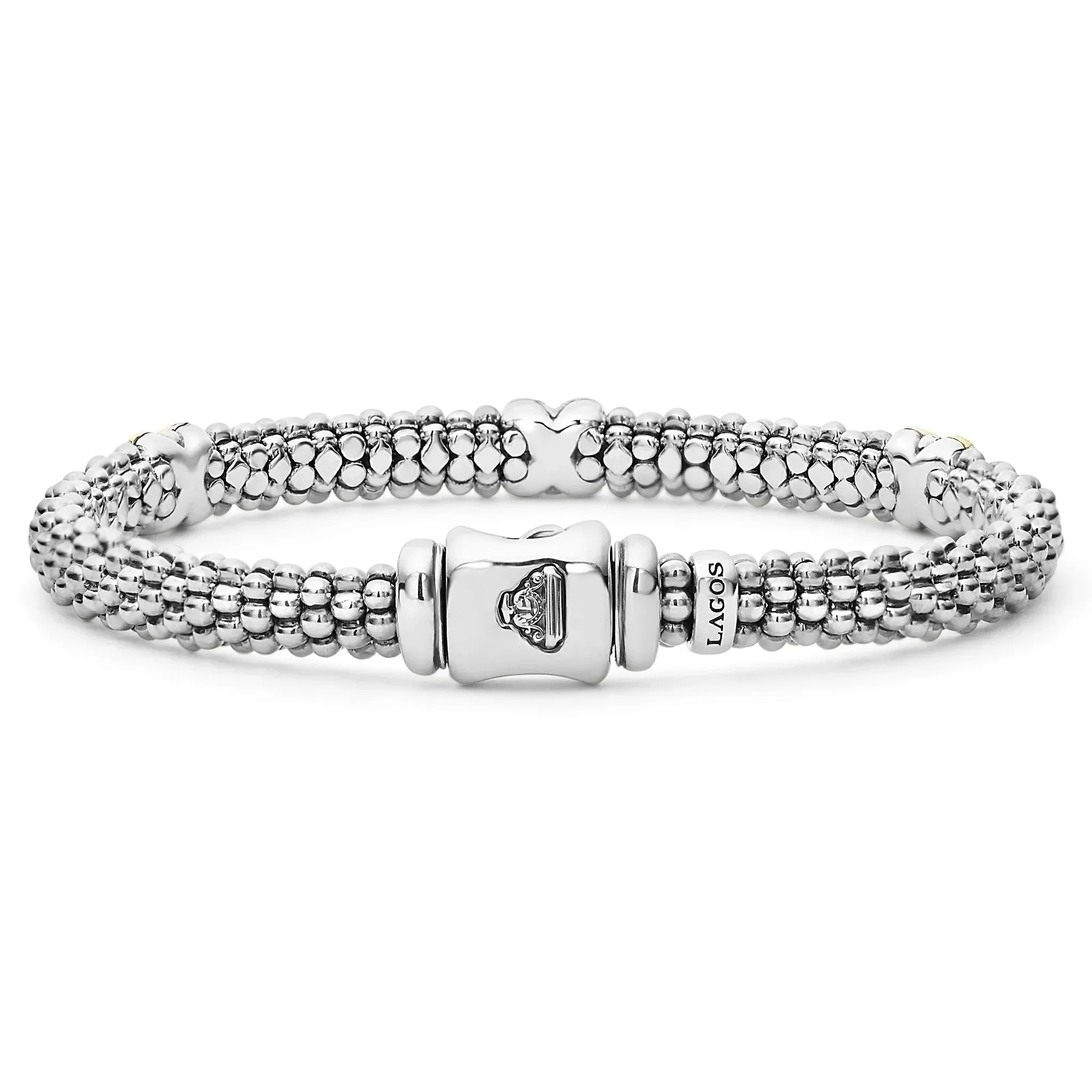 Three Station Gold X Diamond Caviar Bracelet | 6mm