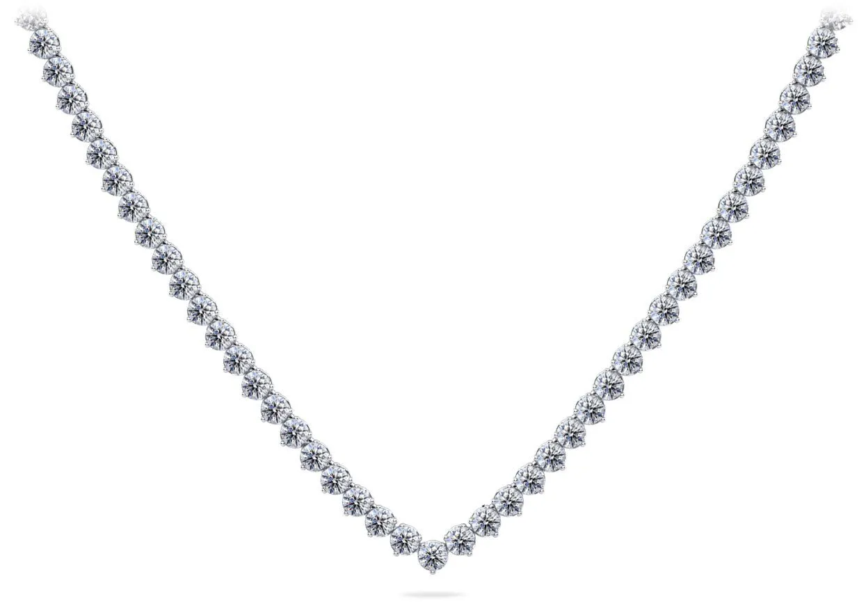 Timeless Three Prong Riviera V Neck Diamond Necklace with 19.57 ct.(finished) 3.7mm