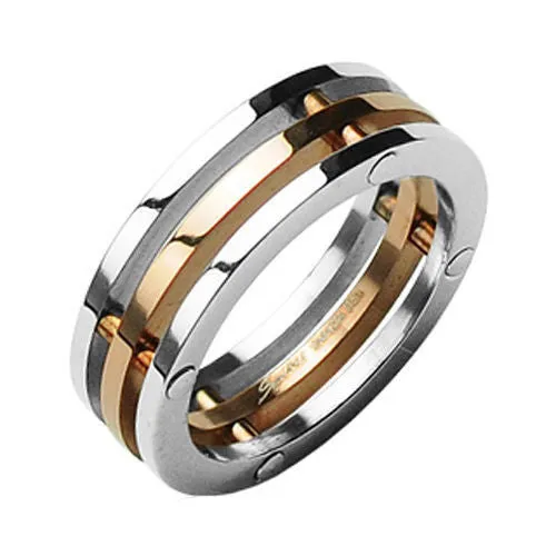 Ultra-Modern Triple Band Silver & Rose Gold Ion Plated Stainless Steel Ring. Couple Ring