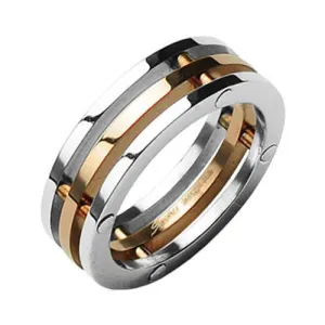Ultra-Modern Triple Band Silver & Rose Gold Ion Plated Stainless Steel Ring. Couple Ring