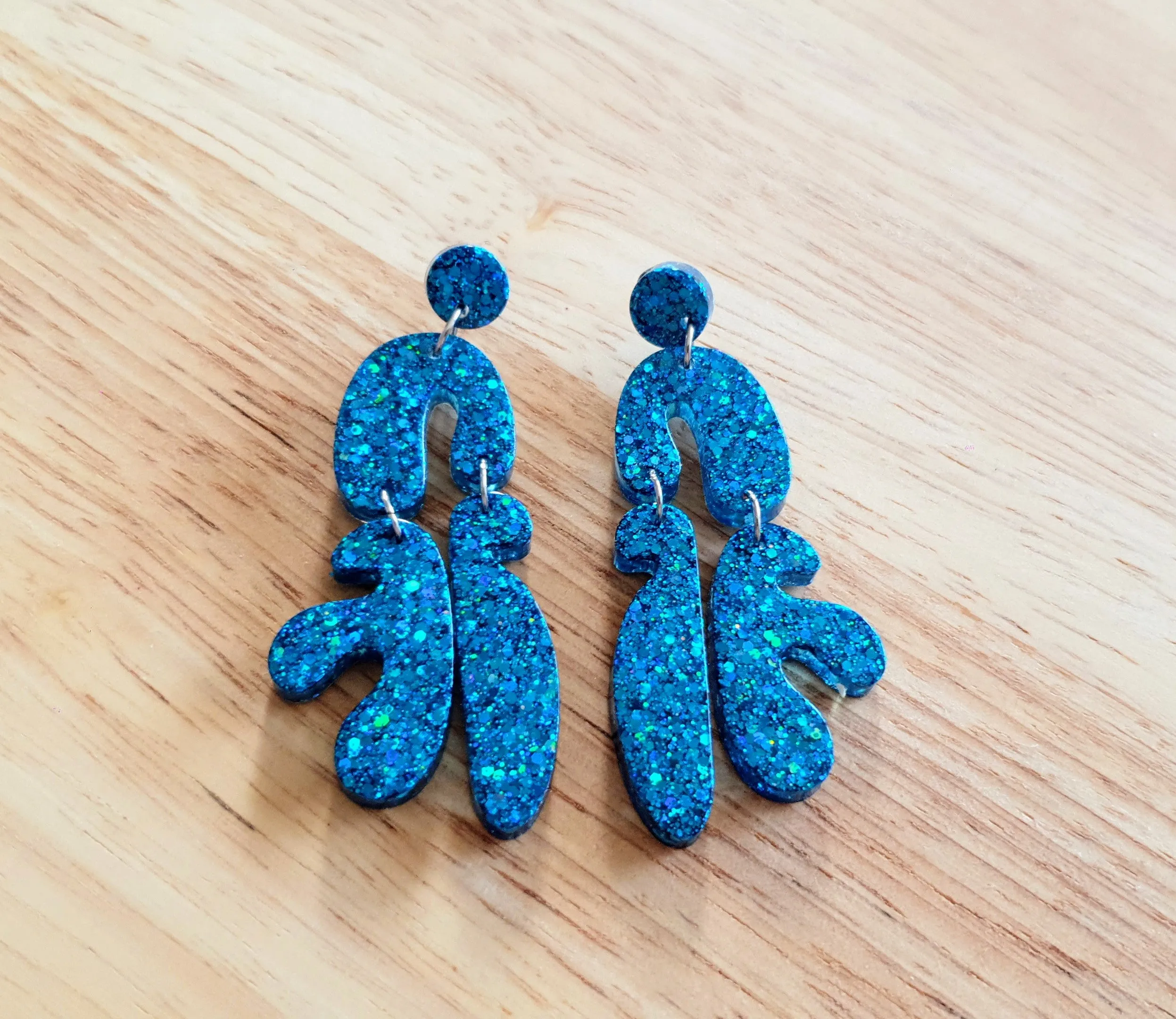 Unique Blue Multi Shape Dangle Drop Earrings, Blue Glitter, Statement Handmade Resin Earrings