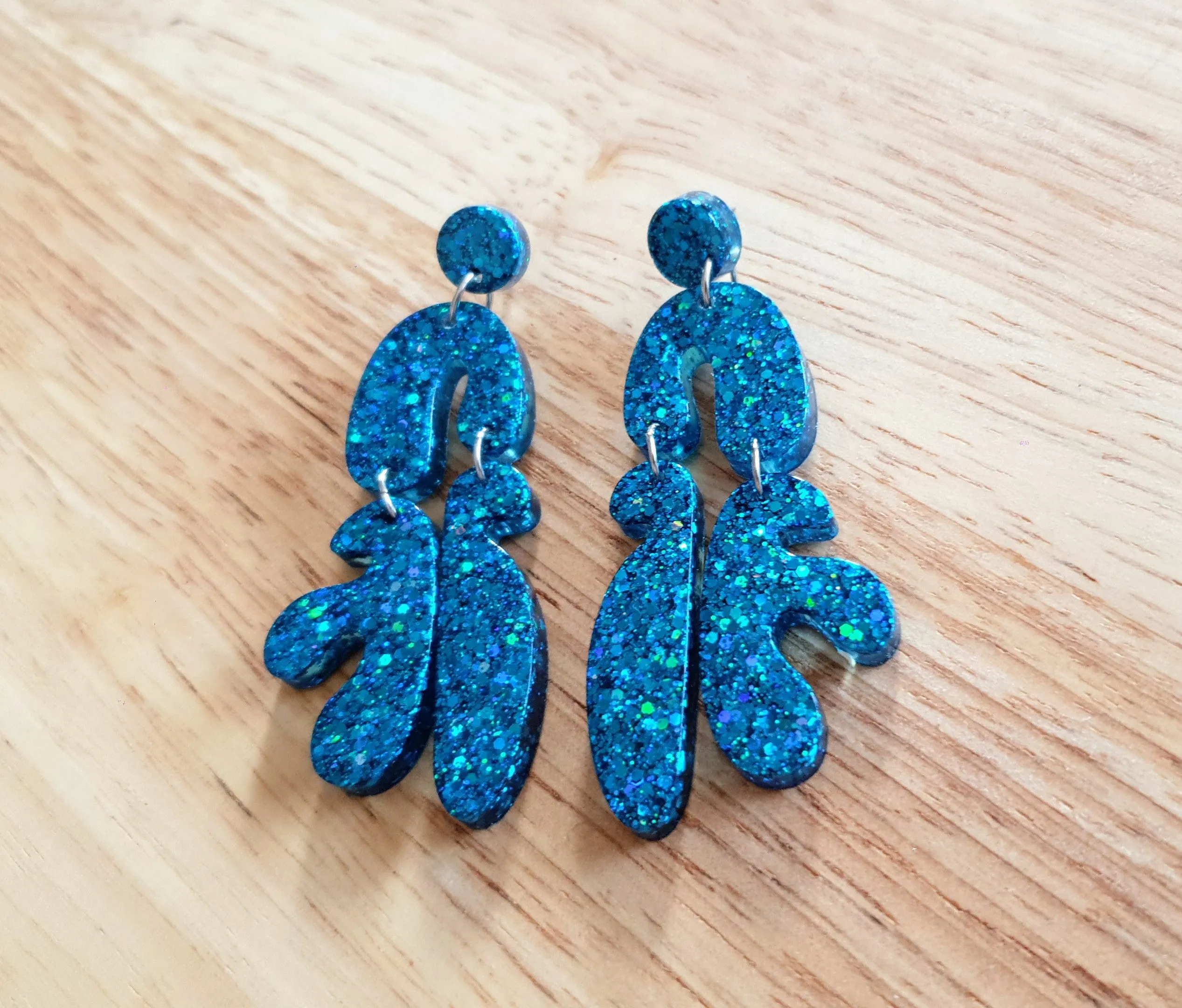 Unique Blue Multi Shape Dangle Drop Earrings, Blue Glitter, Statement Handmade Resin Earrings