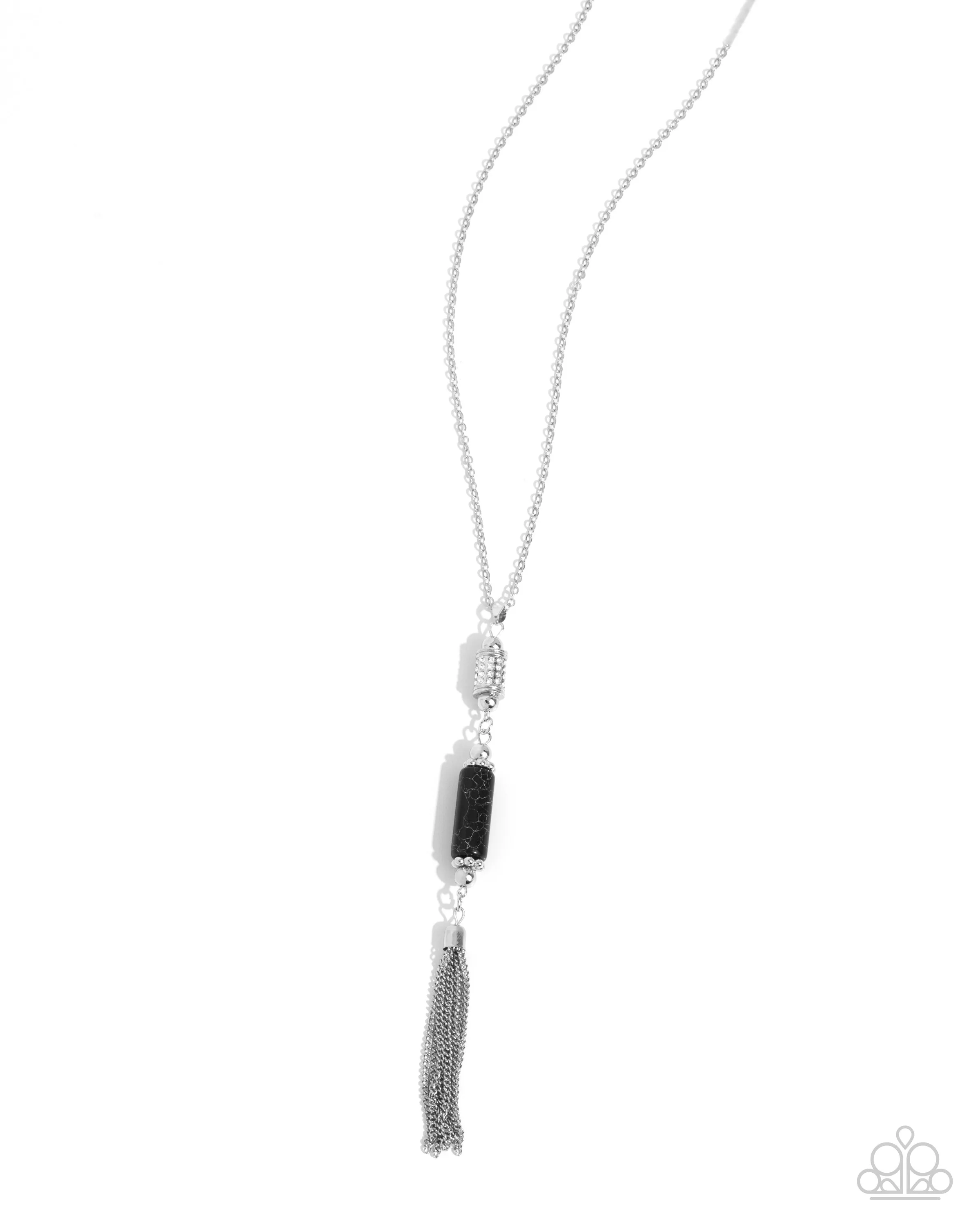 Vertical Vacation - Black - Marbled Stone White Rhinestone Silver Tassel Paparazzi Long Necklace