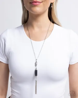 Vertical Vacation - Black - Marbled Stone White Rhinestone Silver Tassel Paparazzi Long Necklace