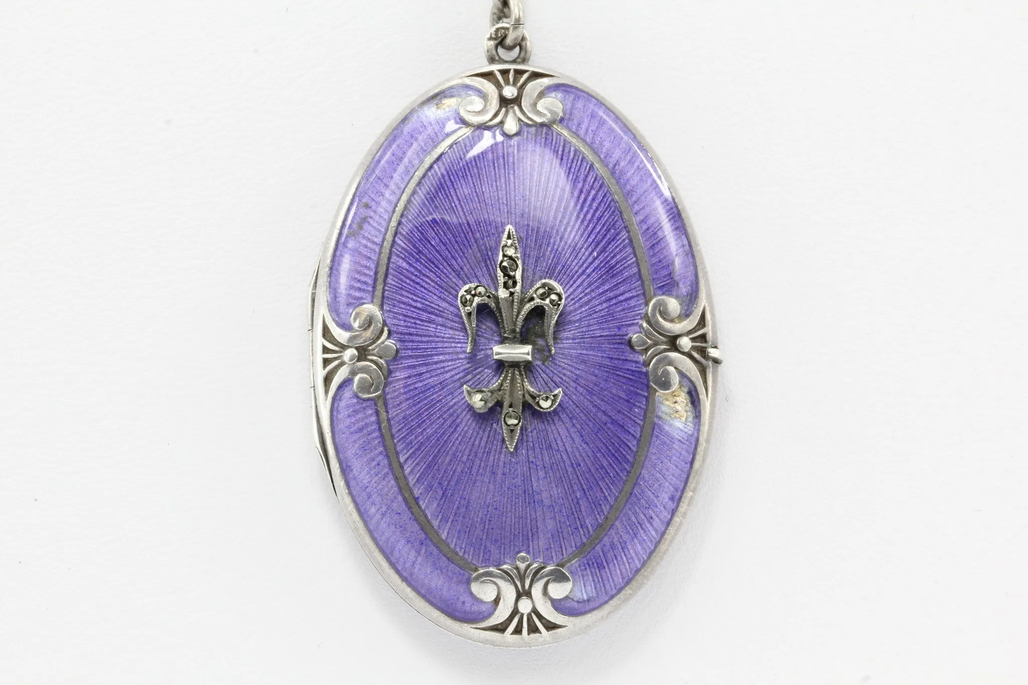 Victorian Sterling Silver Purple Enamel Fleur de Lis Locket w/ Necklace