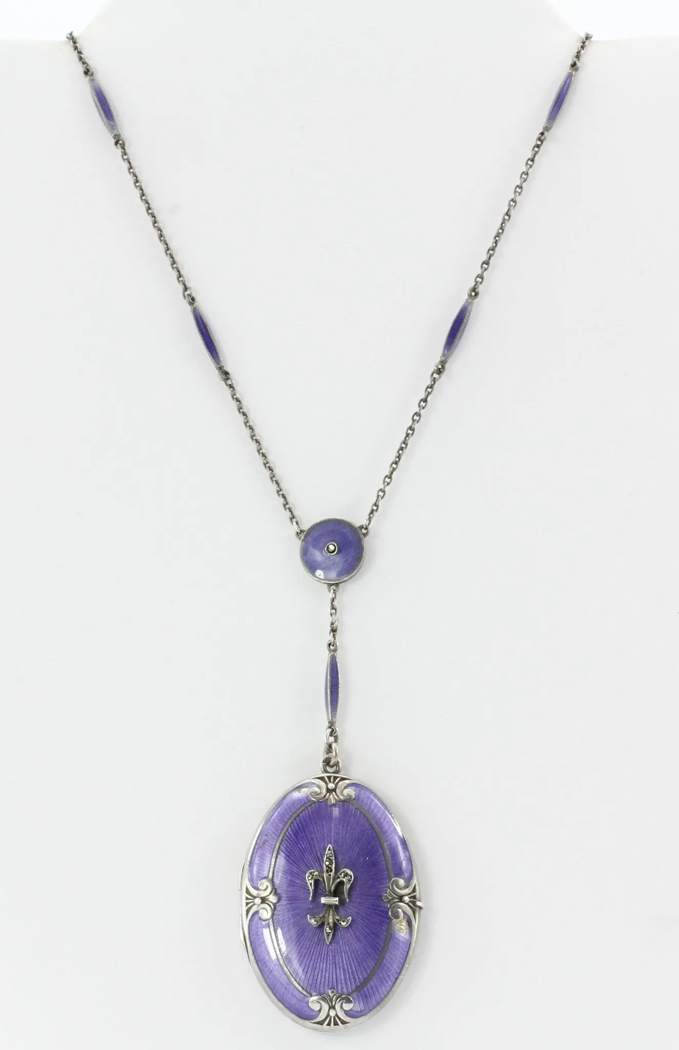 Victorian Sterling Silver Purple Enamel Fleur de Lis Locket w/ Necklace