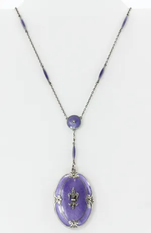 Victorian Sterling Silver Purple Enamel Fleur de Lis Locket w/ Necklace