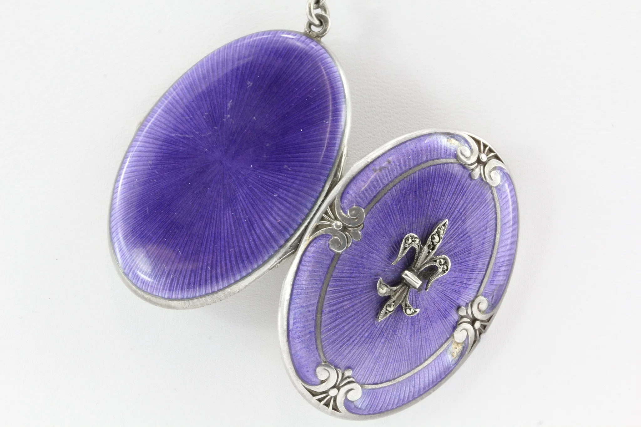 Victorian Sterling Silver Purple Enamel Fleur de Lis Locket w/ Necklace