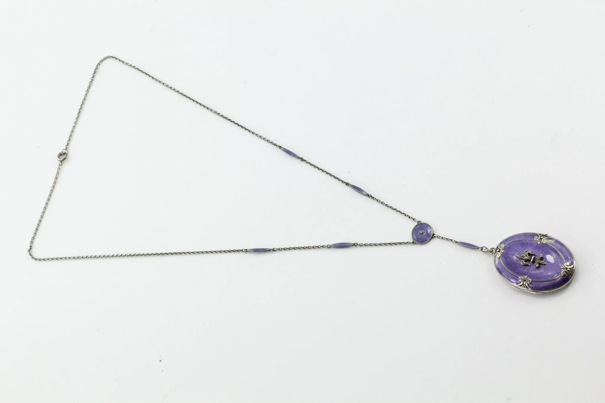 Victorian Sterling Silver Purple Enamel Fleur de Lis Locket w/ Necklace