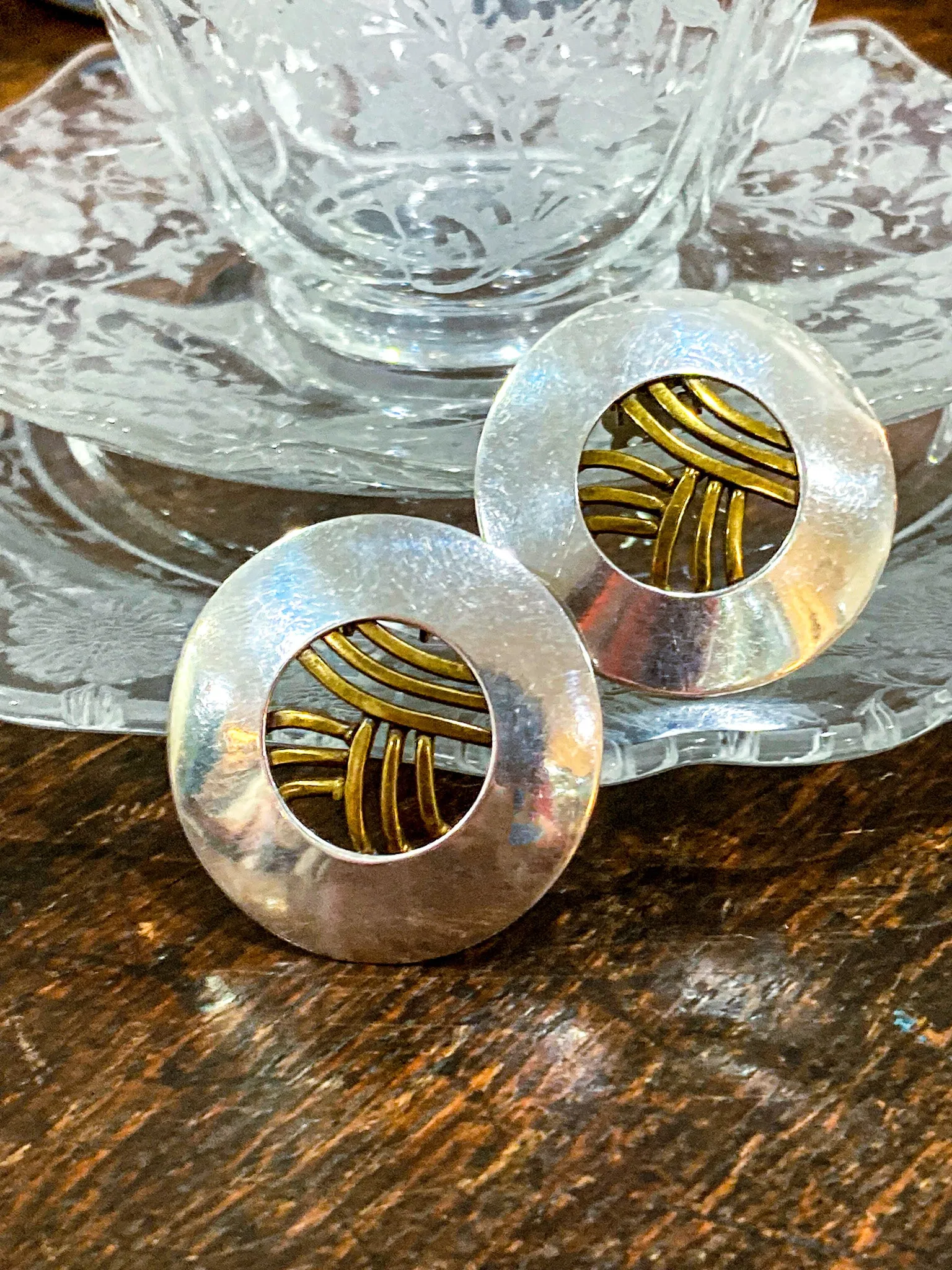 Vintage Sterling Silver Bronze Openwork Contrast Disc Clip On Earrings