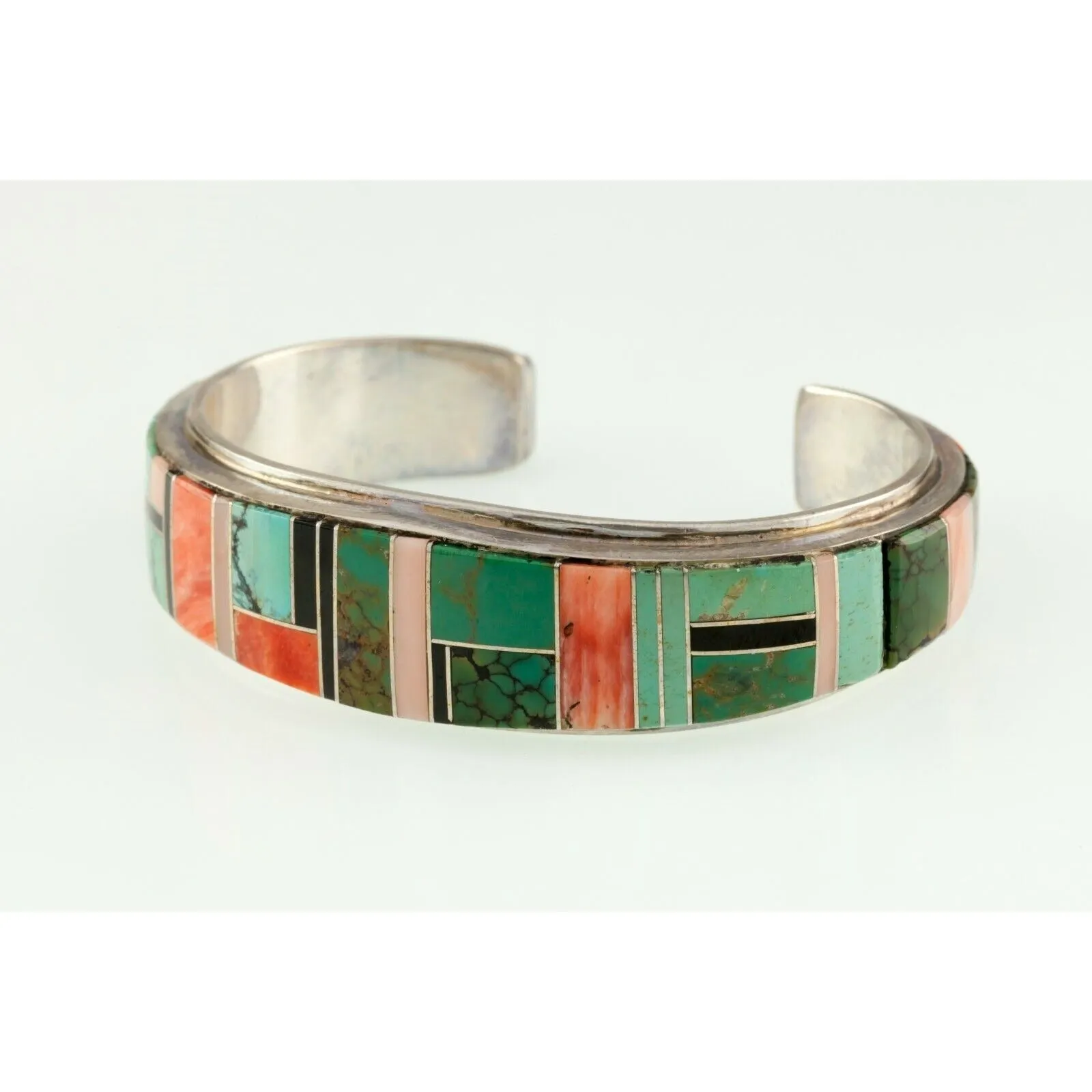 Vtg. Navajo Inlay with Orange Spiny, Turquoise & Black Jet Cuff Bracelet 53.9gr