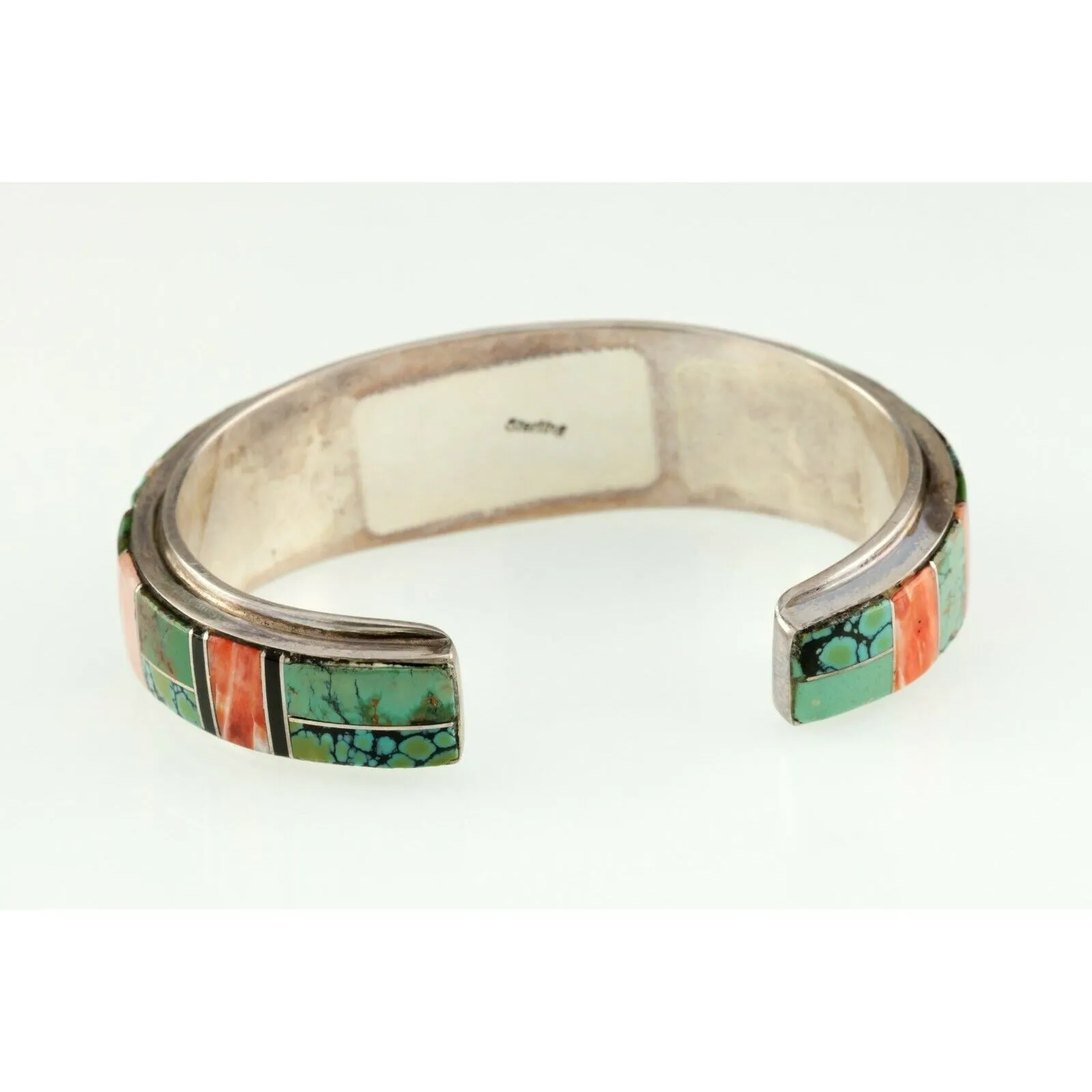 Vtg. Navajo Inlay with Orange Spiny, Turquoise & Black Jet Cuff Bracelet 53.9gr