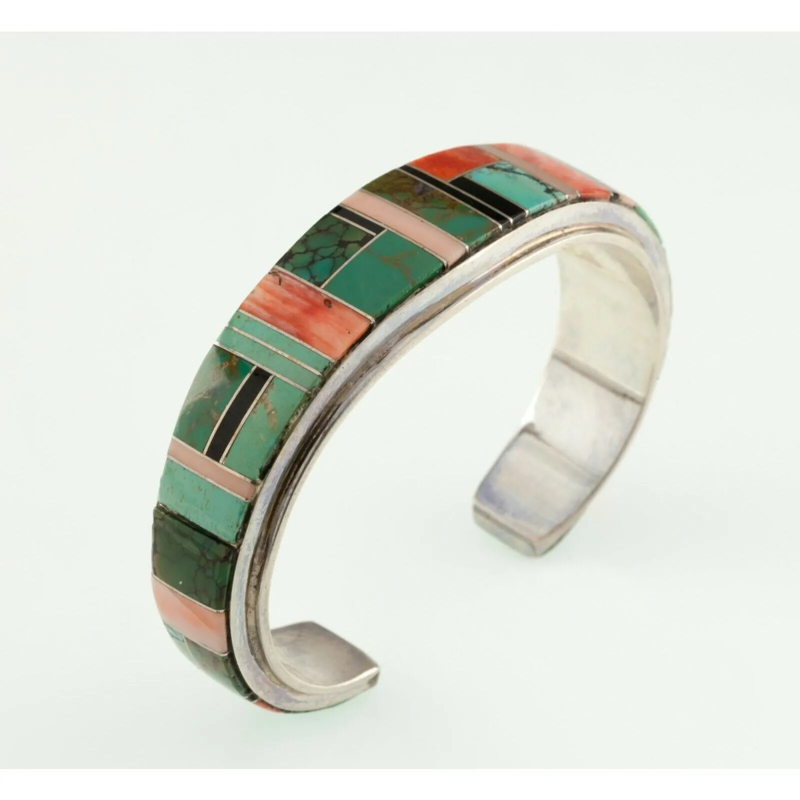 Vtg. Navajo Inlay with Orange Spiny, Turquoise & Black Jet Cuff Bracelet 53.9gr
