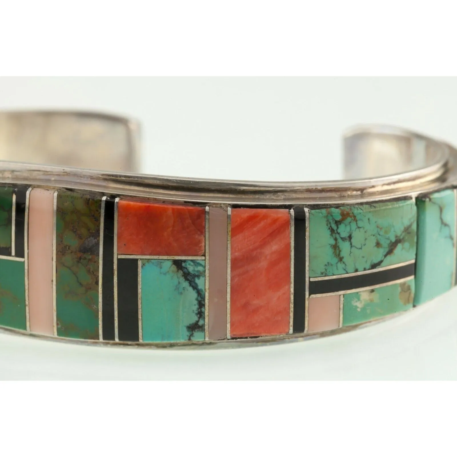 Vtg. Navajo Inlay with Orange Spiny, Turquoise & Black Jet Cuff Bracelet 53.9gr